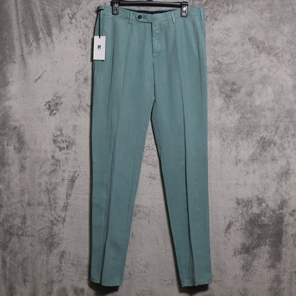 PT Torino Pants Mens 33x36 Green Chino Slim Linen Blend Dress Made in Tunisia